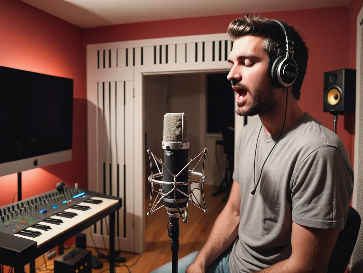 Man Using Studio Microphone in Home Music Studio