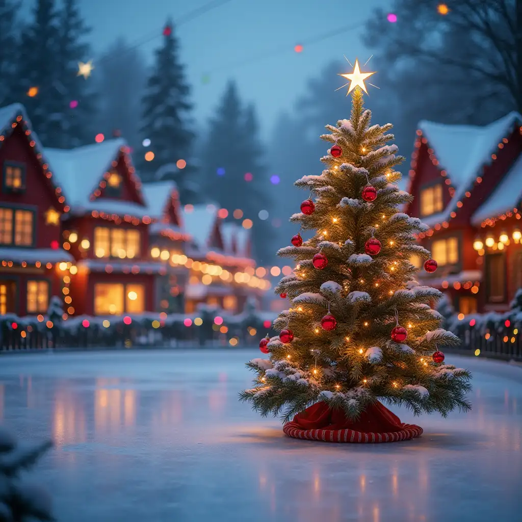 Ice rink with a Christmas tree in a fairy tale village with multicolored garlands, surrounded by a decorated fence, blurred background