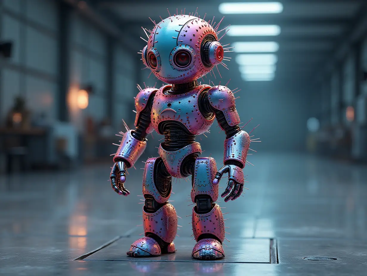 Create a high-resolution, realistic image of an artificial intelligence Fractal colored fractal humanoid robot, on the photo studio floor at 4-k resolution.