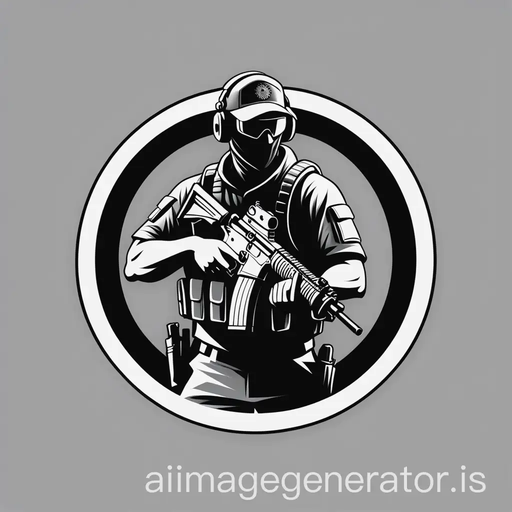 Make an airsoft team logo. Black, white, and grey colors. With man with guns