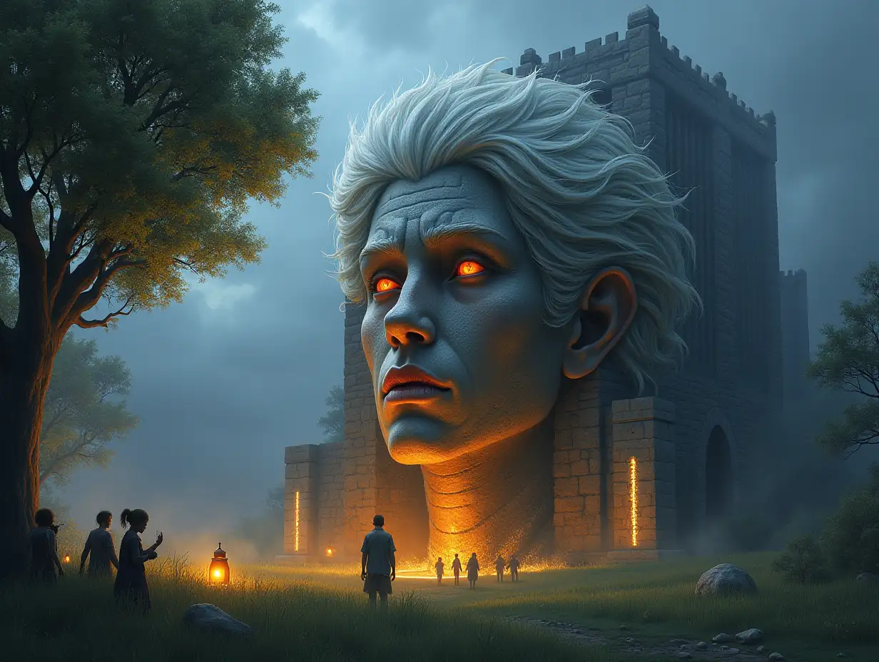 Creating a digital painting of a face with legs and white hair transforms into a building with armor stones and illuminated trees, lanterns and people on a meadow it sees at noon