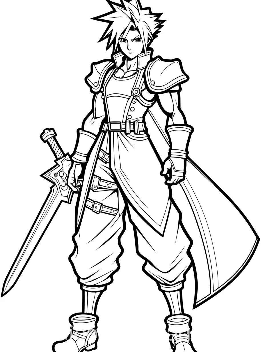 Cloud-Strife-Coloring-Page-in-Bodycon-Dress-and-Heels-Black-and-White-Line-Art