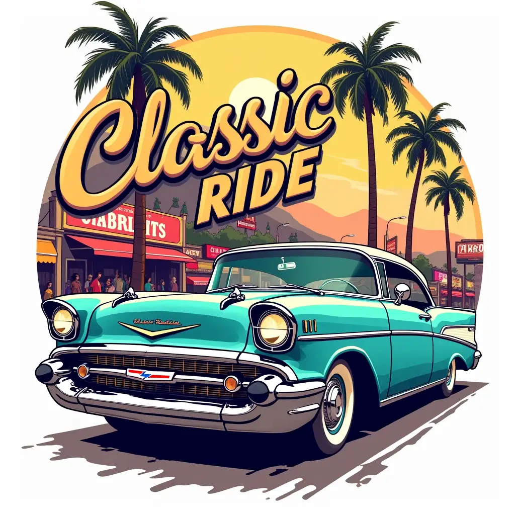 A vibrant custom illustration featuring a vintage Chevrolet Bel-Air, cruising along a sunny street lined with palm trees. The retro cityscape in the background showcases colorful buildings, a neon sign, and a bustling crowd of people. The text 'Classic Ride' is displayed in a retro, distressed style, with each letter in a different color, exuding a sense of nostalgia. The design is perfect for a t-shirt print, with an isolated white background