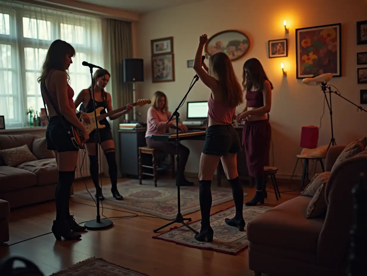 Punk group consisting of school girls rehearsing at home in a room