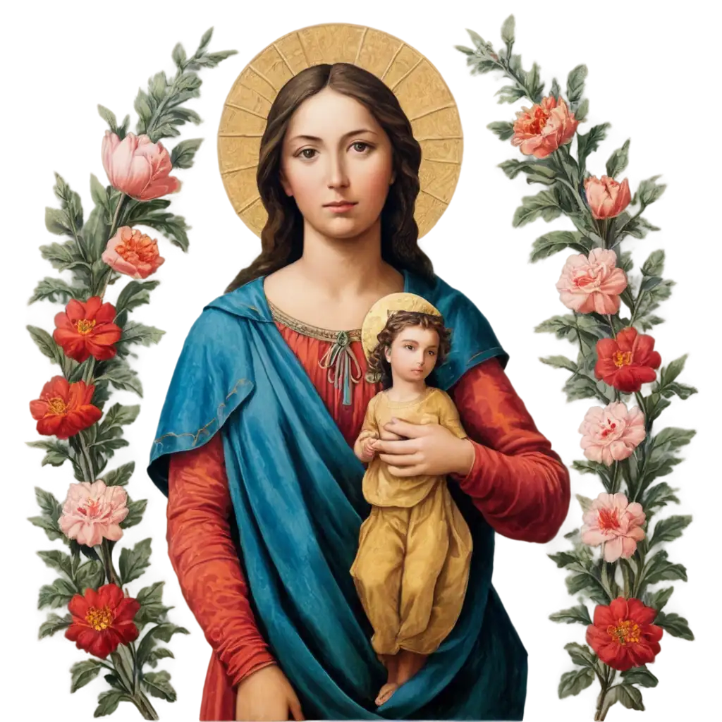 Virgin-of-Carmen-Type-Roman-Painting-with-Flower-Background-PNG-Image