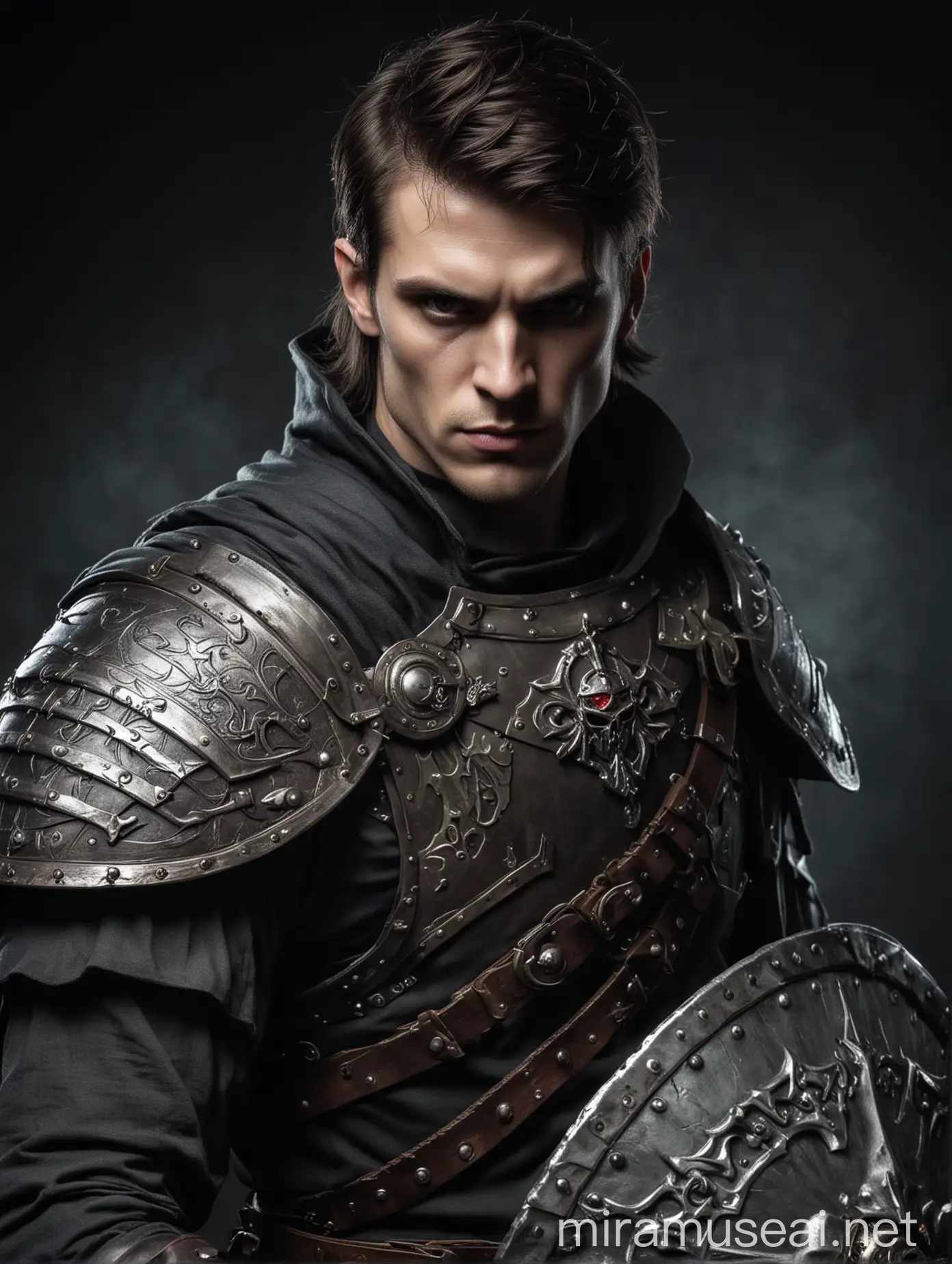 Dark Fantasy Male OneEyed Brunette Warrior Inquisitor with Shield and Morgenstern