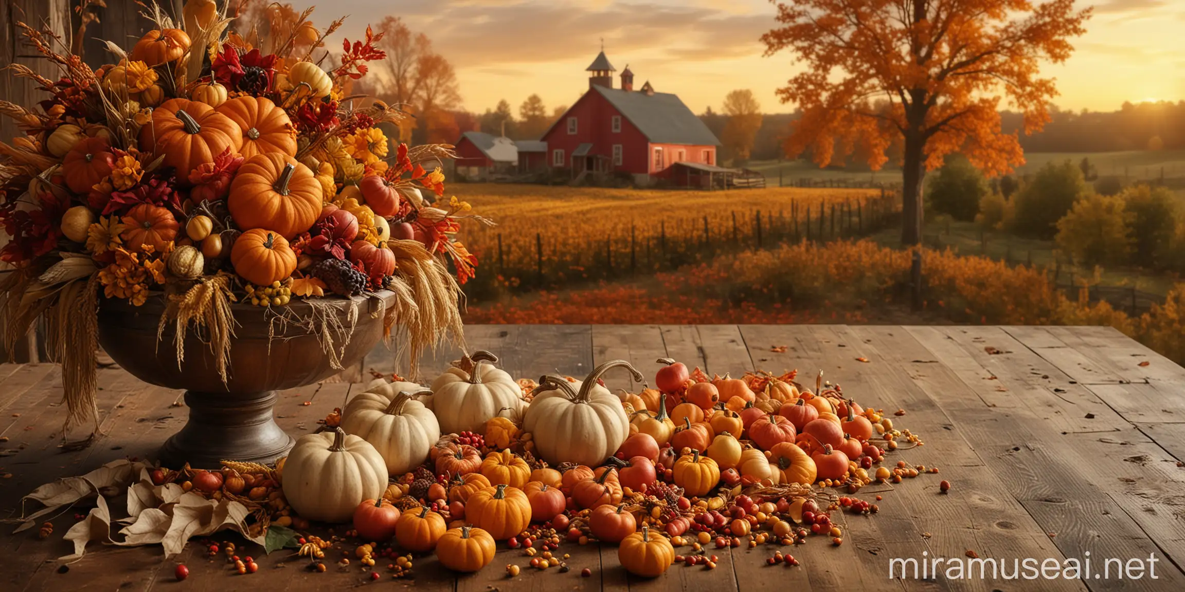 Bountiful Fall Harvest Display with Pumpkins Apples and Cornucopia