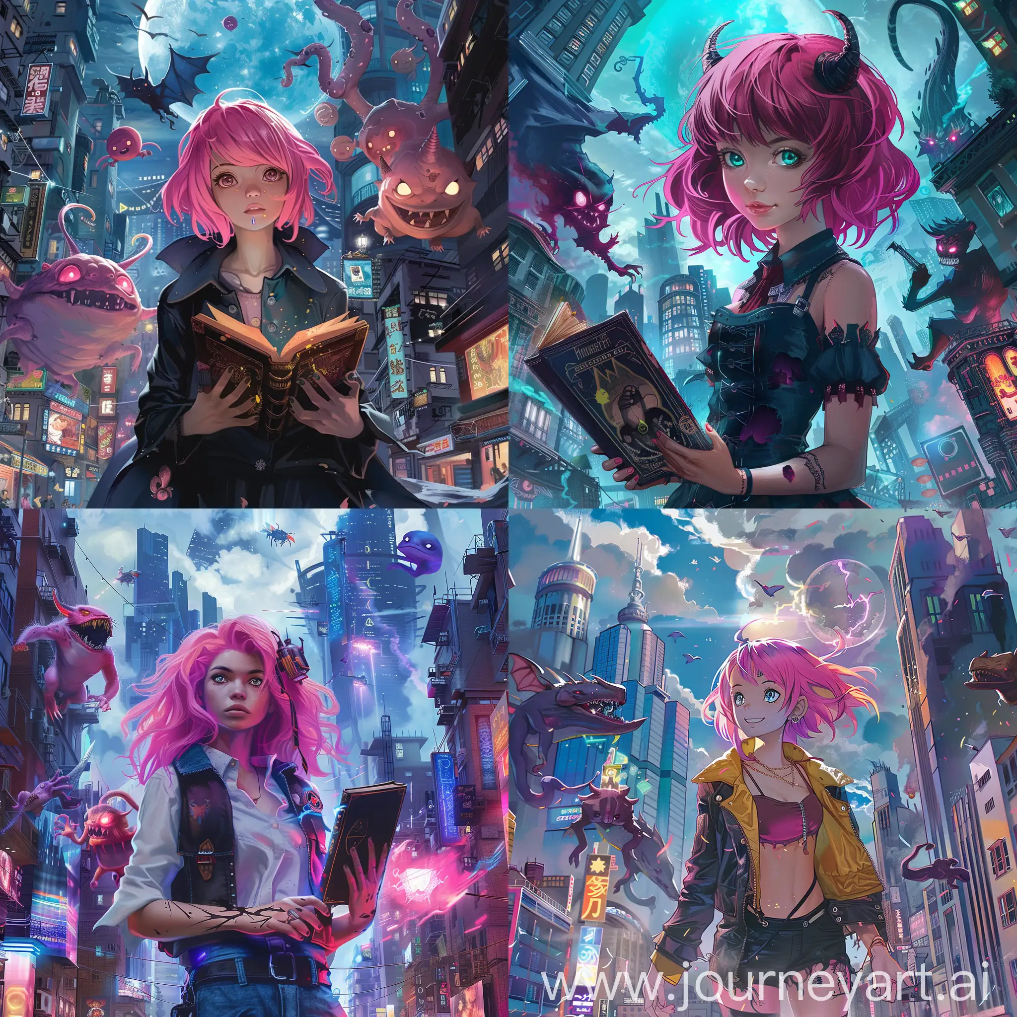 Girl-Magician-with-Pink-Hair-and-Funny-Monsters-in-Modern-Megapolis