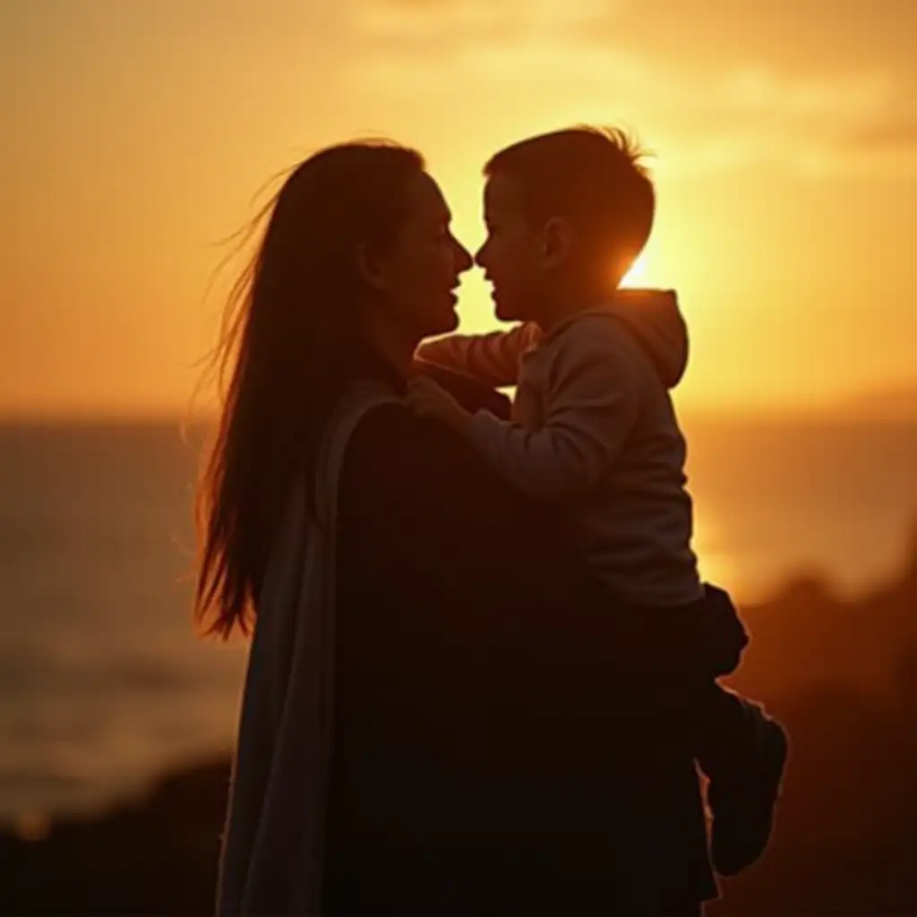 A silhouette of a mother and her son hugging