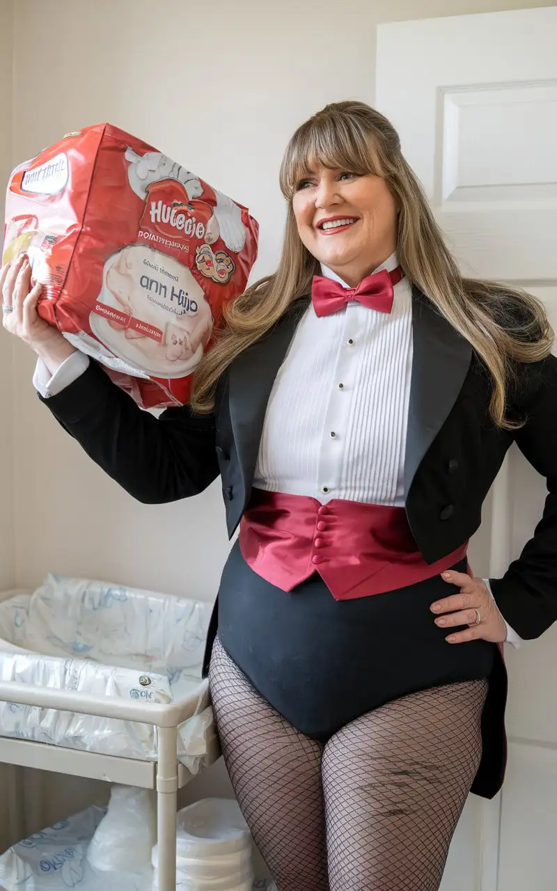 Smiling-MiddleAged-Woman-in-Formal-Tuxedo-Holding-Huggies-Package-in-Nursery