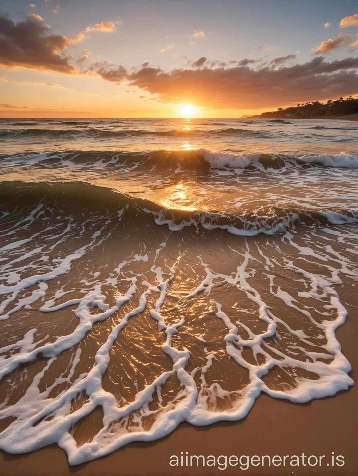 A serene sunset beach scene is envisioned, bearing warm, golden hues. Gentle waves are seen lapping lazily at the shore. The scene is captured with a wide-angle lens, providing a perspective that reveals the full scope of the tranquil beach surroundings. All around appear elements of Mother Nature, testifying to the inherent beauty of the coastline during sunset.