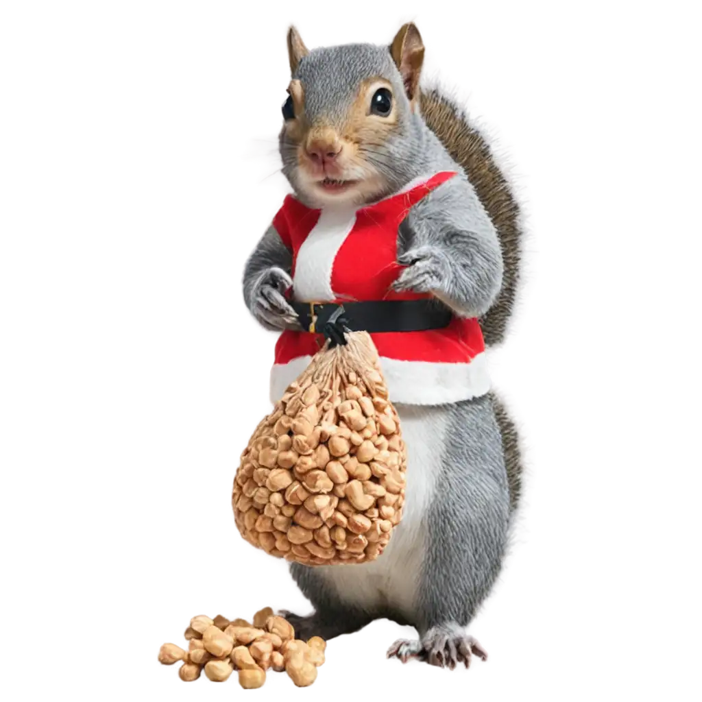 Grey-Squirrel-Dressed-as-Santa-Claus-PNG-with-Sack-of-Peanuts-Perfect-for-Holiday-Designs