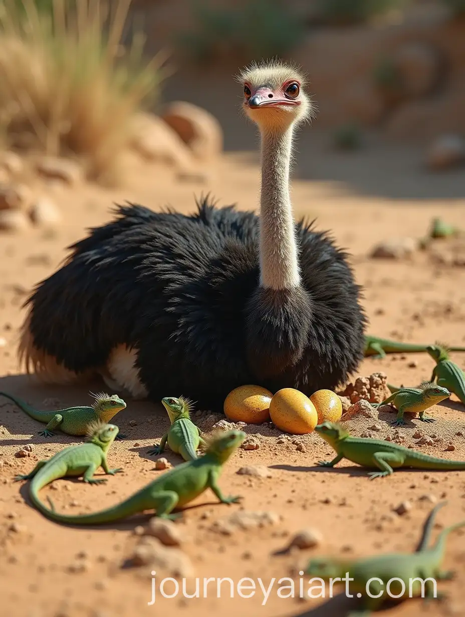 Ostrich-Protecting-Eggs-from-Green-Monitor-Lizards-in-Desert-Landscape