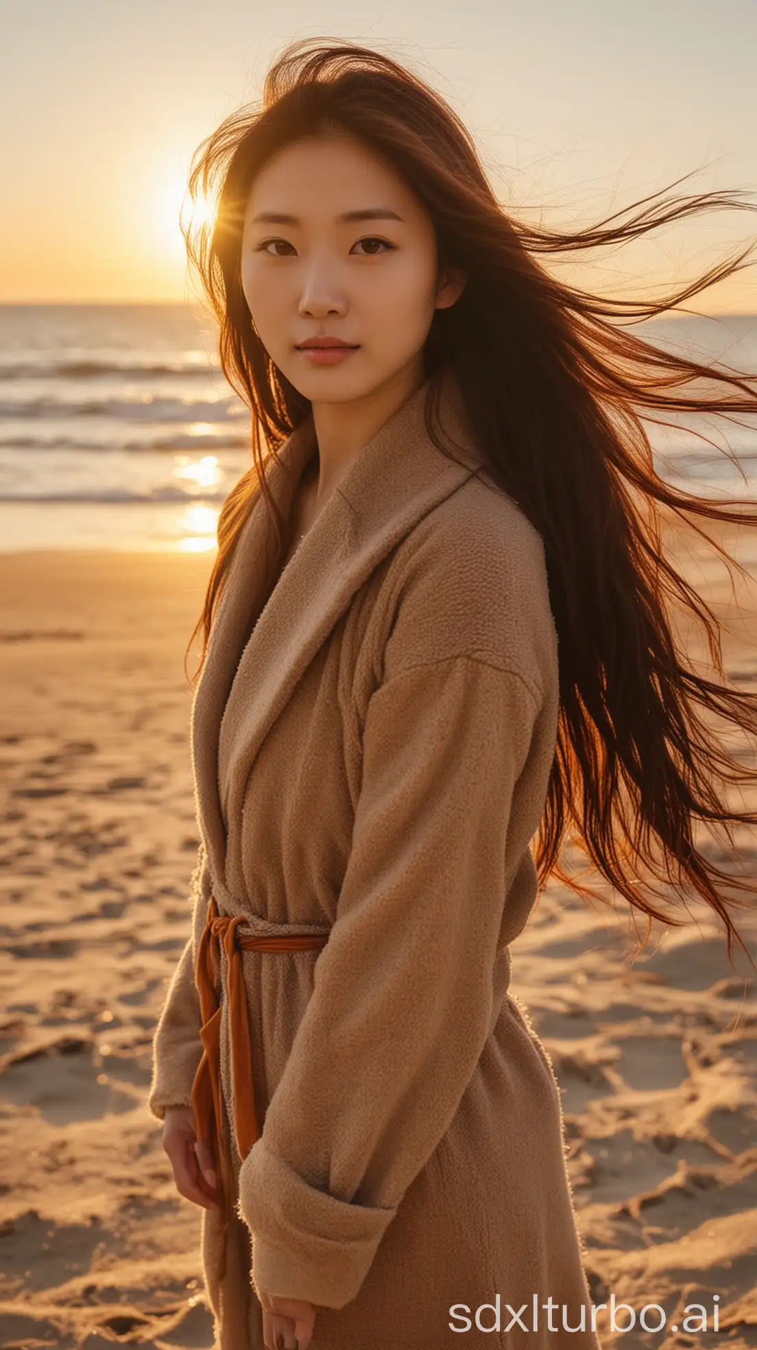 Chinese-Woman-with-Brown-Hair-at-Winter-Beach-Sunset-in-Backlight