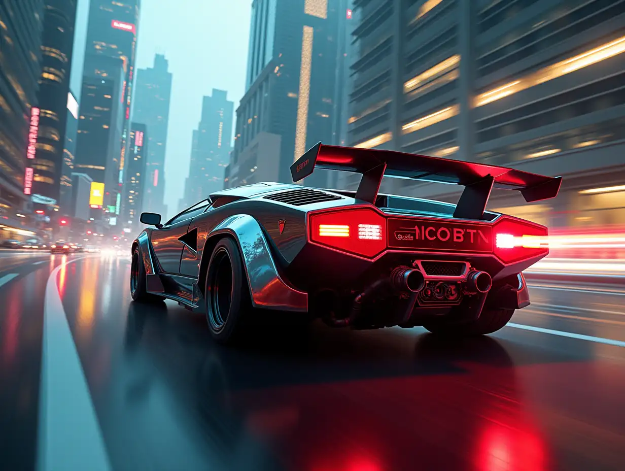 a Lamborghini Countach cyber-punk style car, with a turbo-jet nozzle coming out of its rear motor, running at full speed through an ultra futuristic city seen from 3/4 rear. Extreme cinematic effects