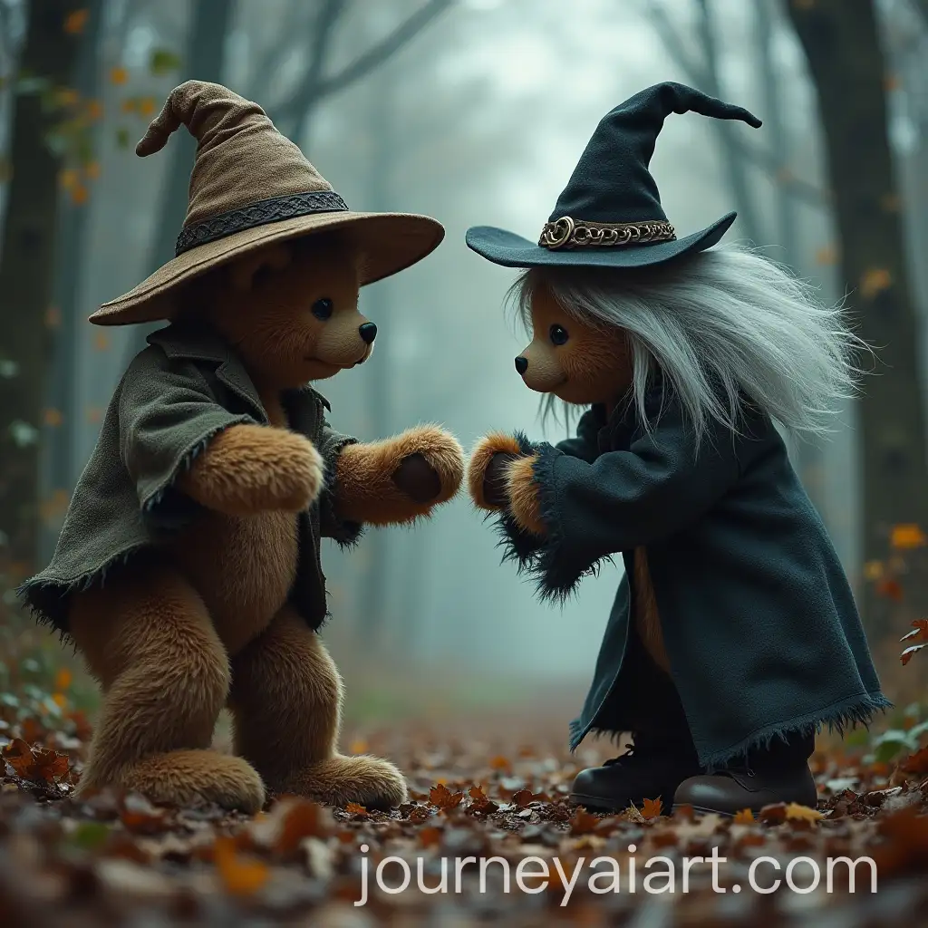 Teddy-Bear-Battling-Two-Witches-with-Grey-Hair-in-a-Magical-Duel