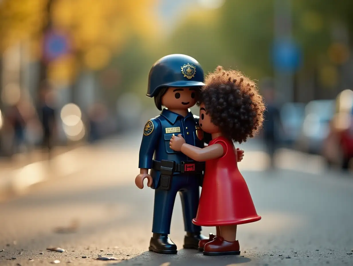 A Playmobil set, with a curly-haired black girl and red dress, lovingly hugging a Policía Nacional man