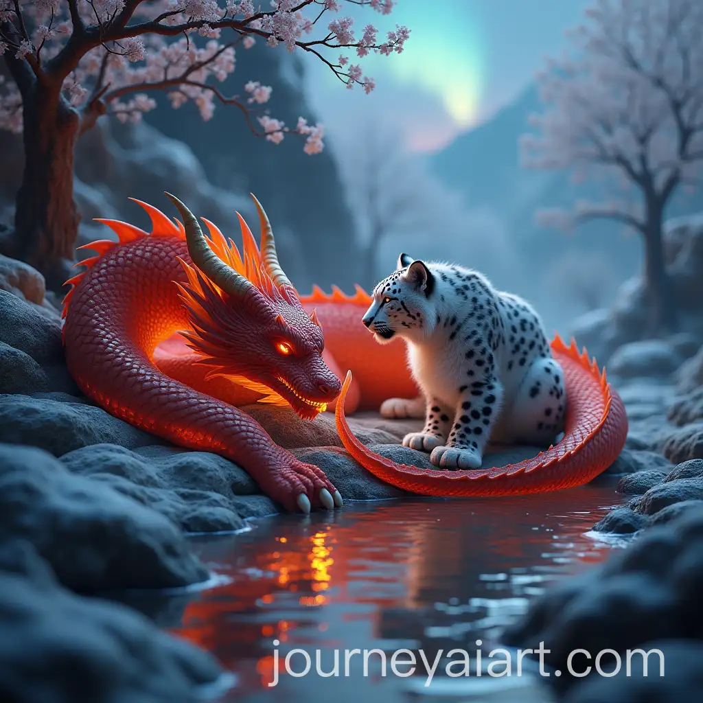 Sleeping-Red-Asian-Fire-Dragon-and-Snow-Leopard-in-Mystical-Volcanic-Valley
