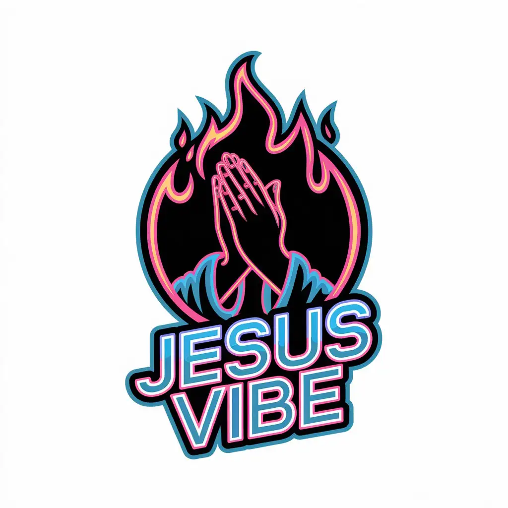 LOGO-Design-For-Jesus-Vibe-Pleading-Hands-in-Fiery-Fire-with-Nimbus-in-Neon-Style