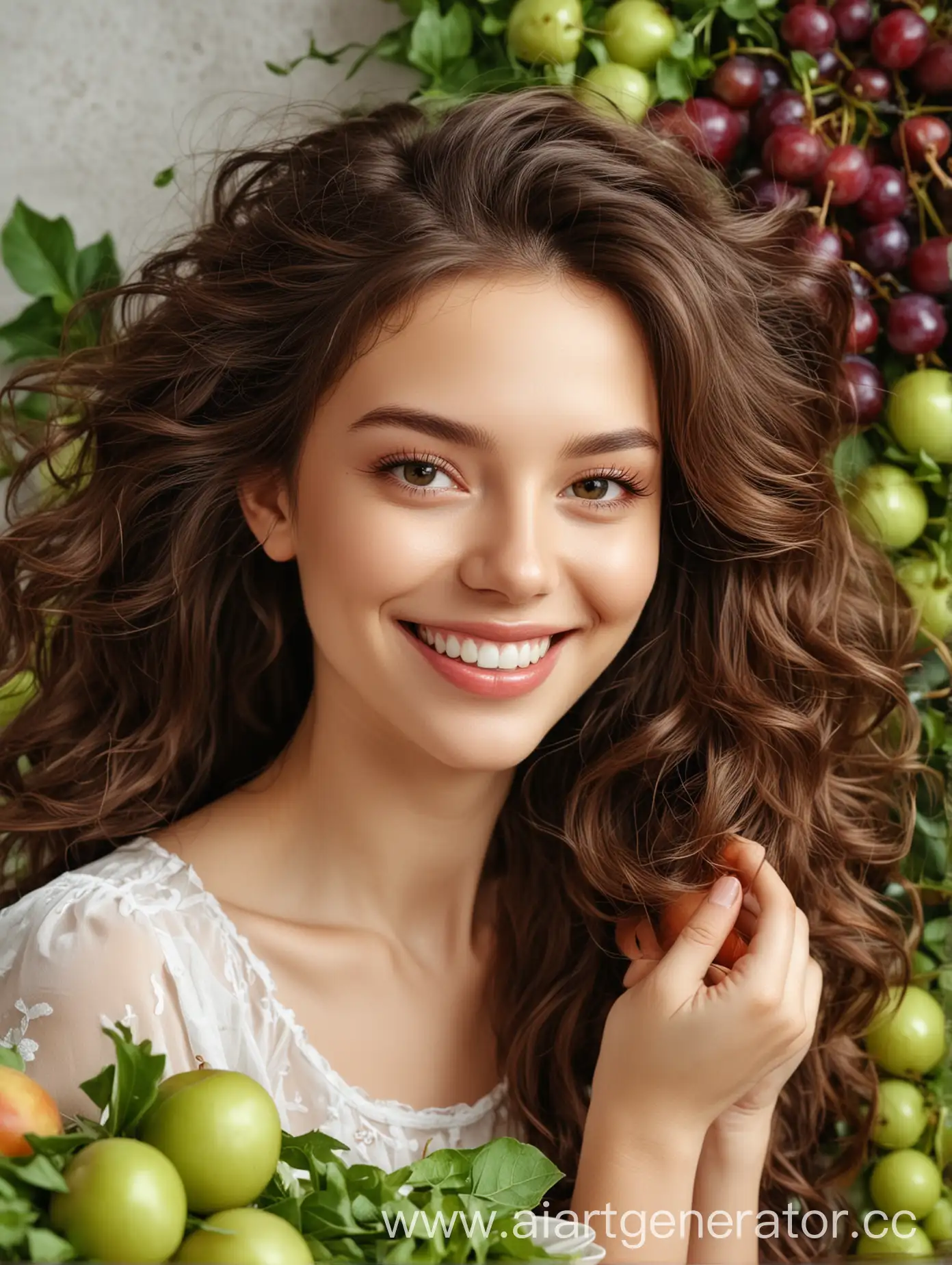 Smiling-Girl-with-Luxurious-Hair-and-Fresh-Fruits-on-Light-Background