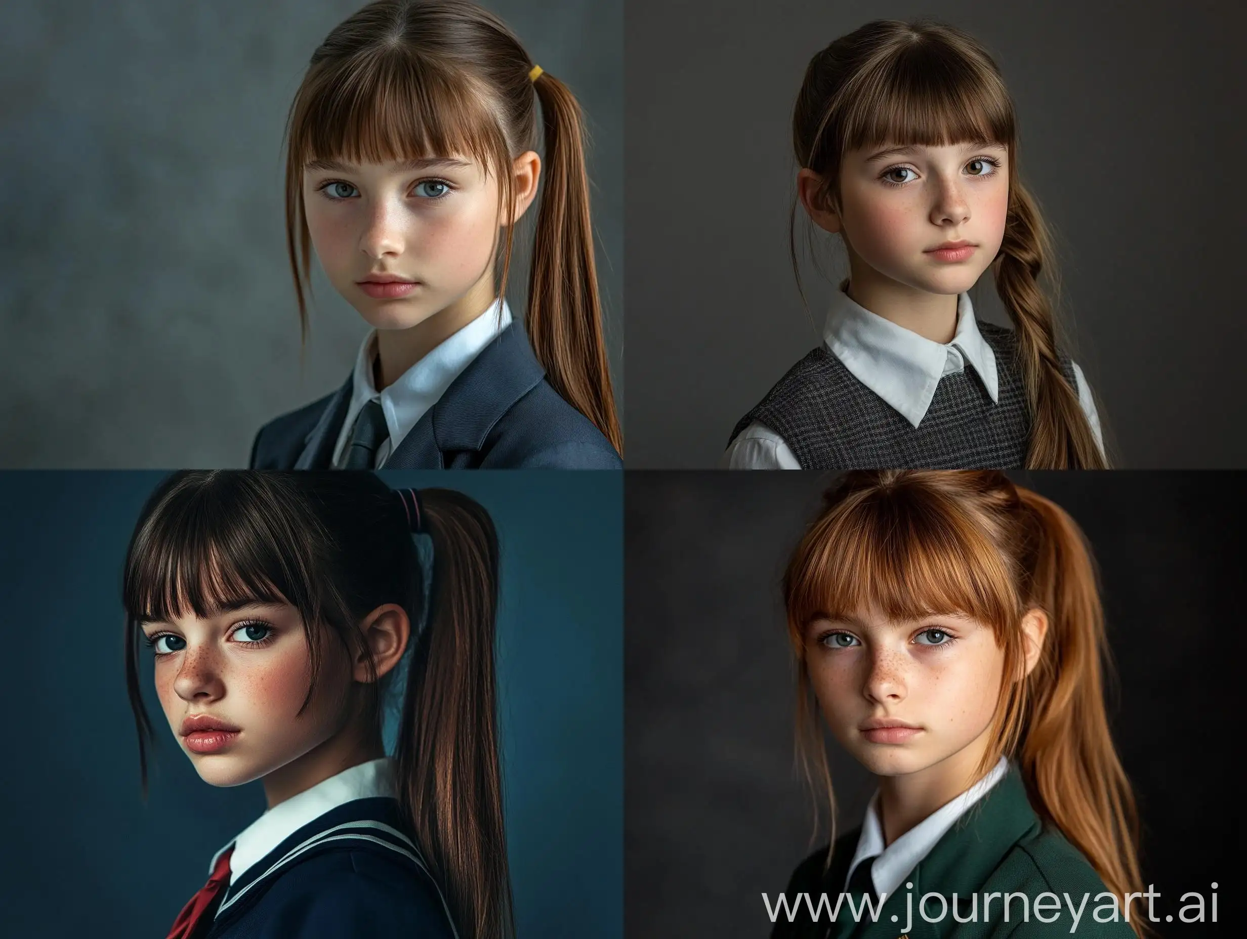 Portrait-of-Middle-School-Girl-in-Uniform-with-Ponytail-and-Bangs