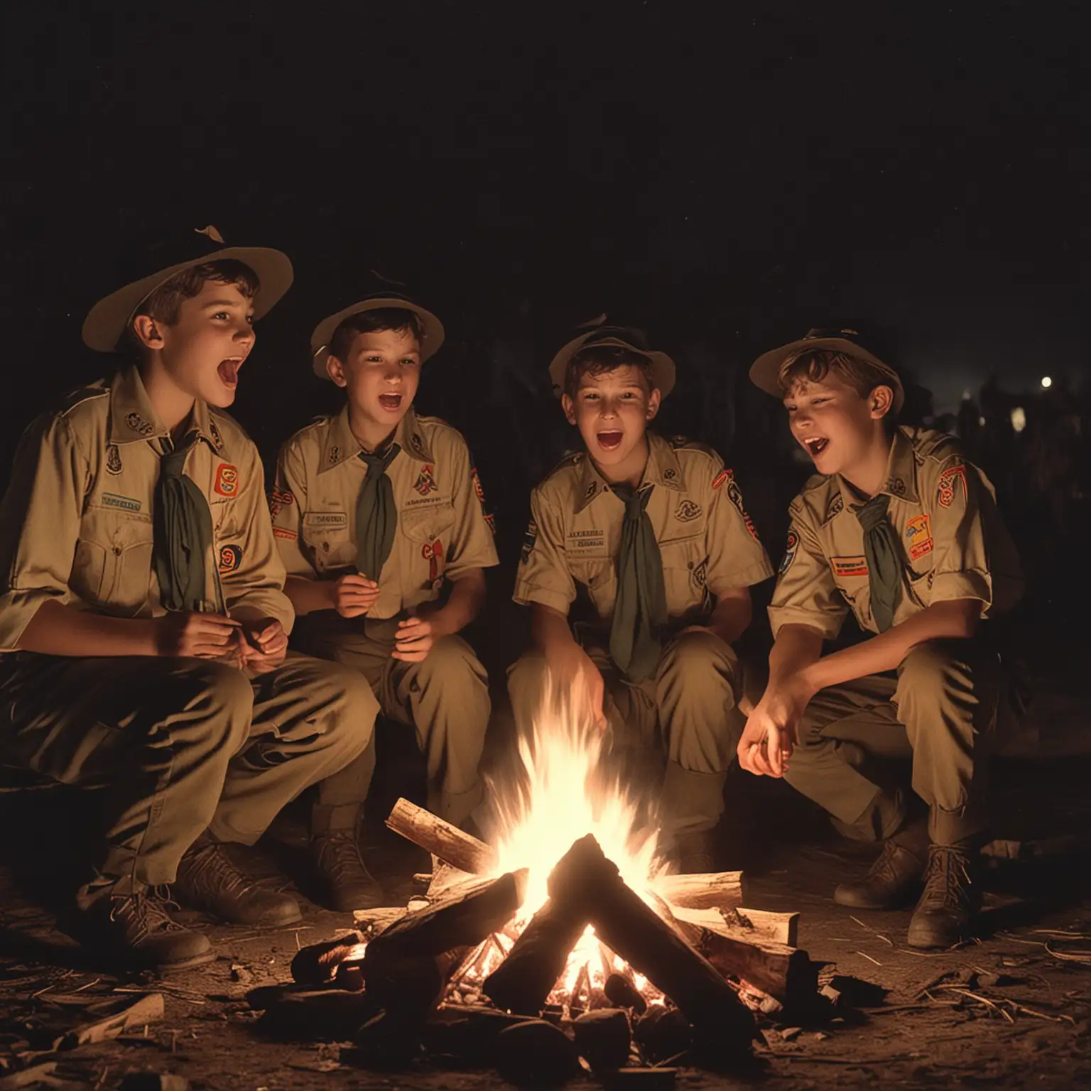 Vintage Boy Scouts Singing Around a Campfire at Night