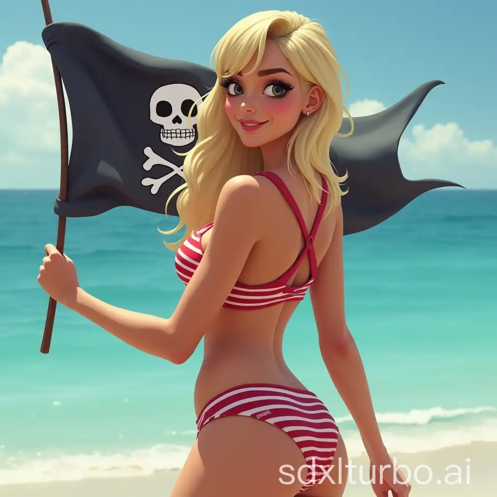 Blonde-Woman-in-PirateThemed-Bikini-Holding-Black-Flag