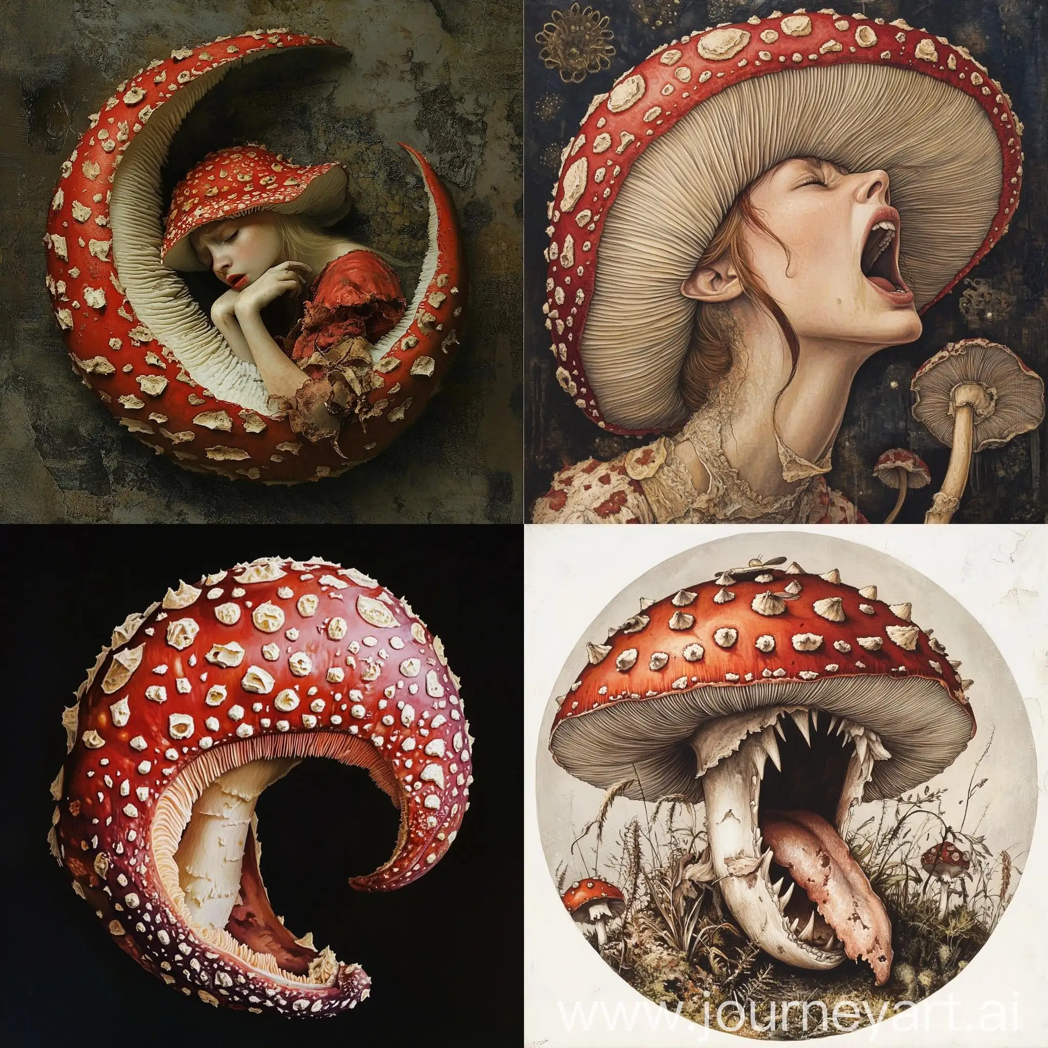 Panicking-Fly-Agaric-Mushroom-Curled-in-Crescent-Shape