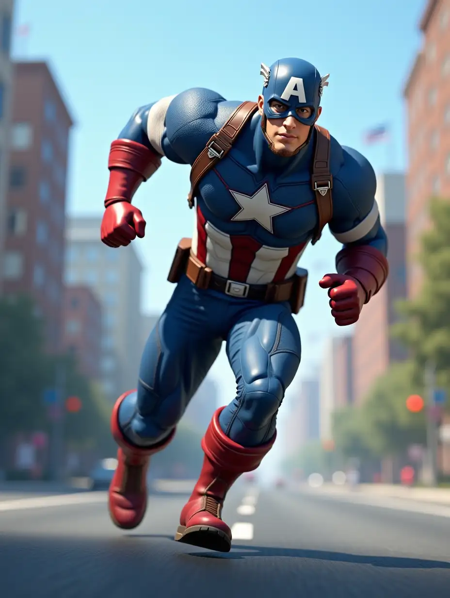 A highly detailed 3D-rendered image of Captain America running on a city street with tall buildings and a clear blue sky in the background. He is wearing his iconic blue suit with a white star on the chest, red and white stripes, and a helmet with an 'A' symbol. His muscular physique is visible as he sprints forward with determination, one arm bent and the other swinging naturally. His expression is focused and intense, as if he is chasing something or running into battle. The road beneath him has motion blur to enhance the sense of speed. The lighting is realistic, with a cinematic depth of field and dynamic shadows, making the scene immersive and action-packed