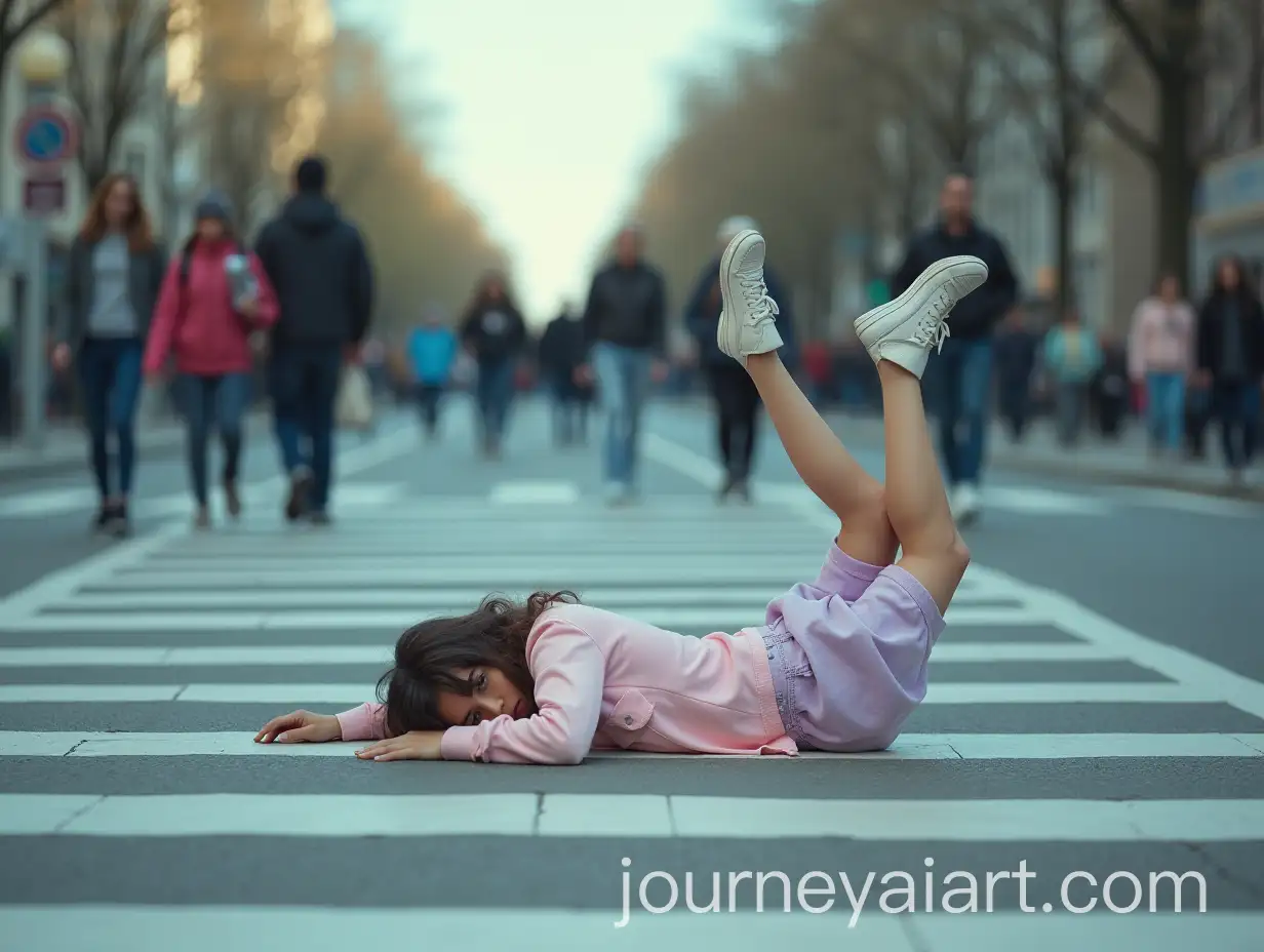 Teenage-Girl-Tripping-on-City-Crosswalk-in-Pastel-Colors