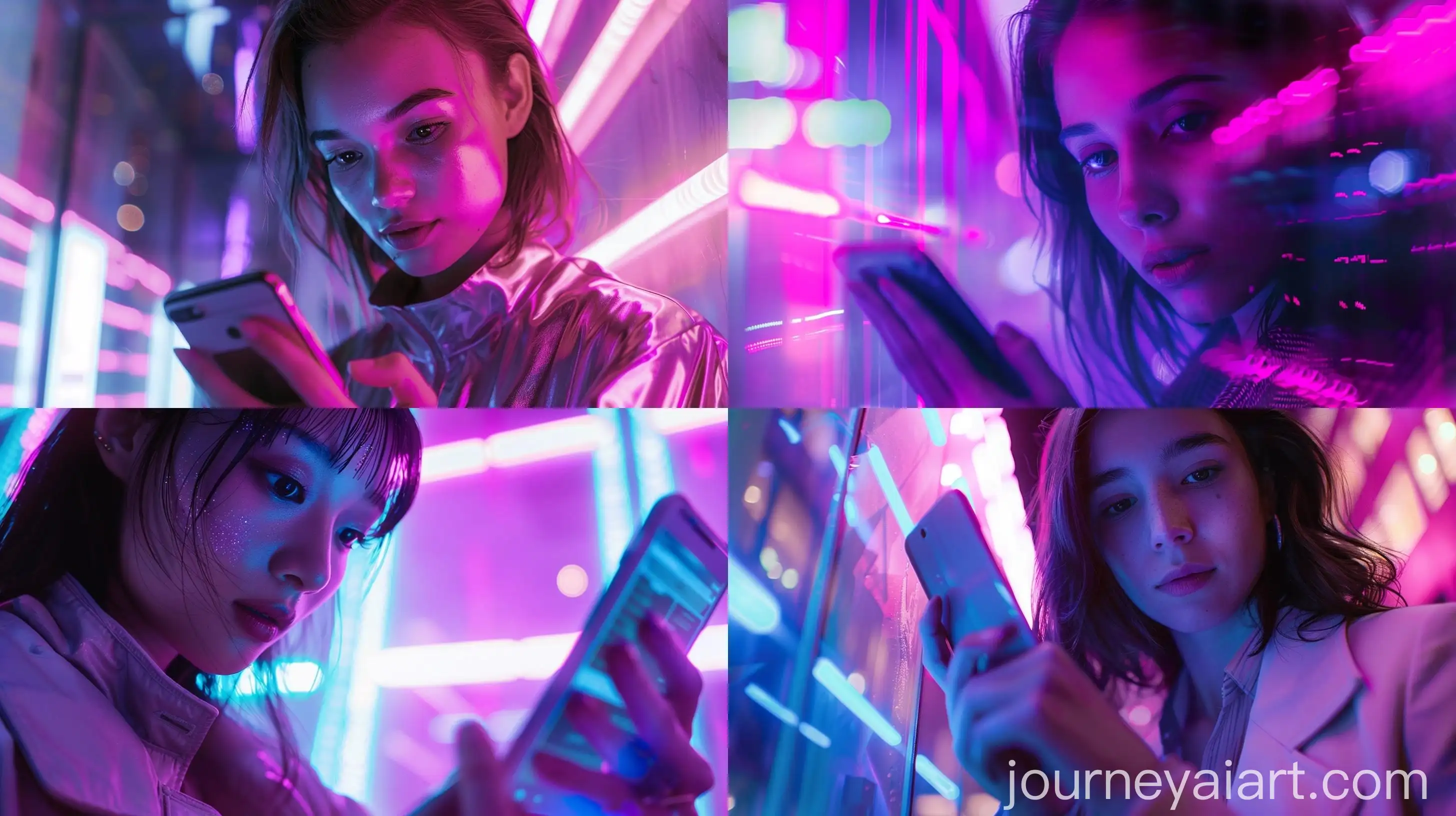 Futuristic-Woman-Engaged-with-Cell-Phone-in-Cyberpunk-Purple-Ambiance