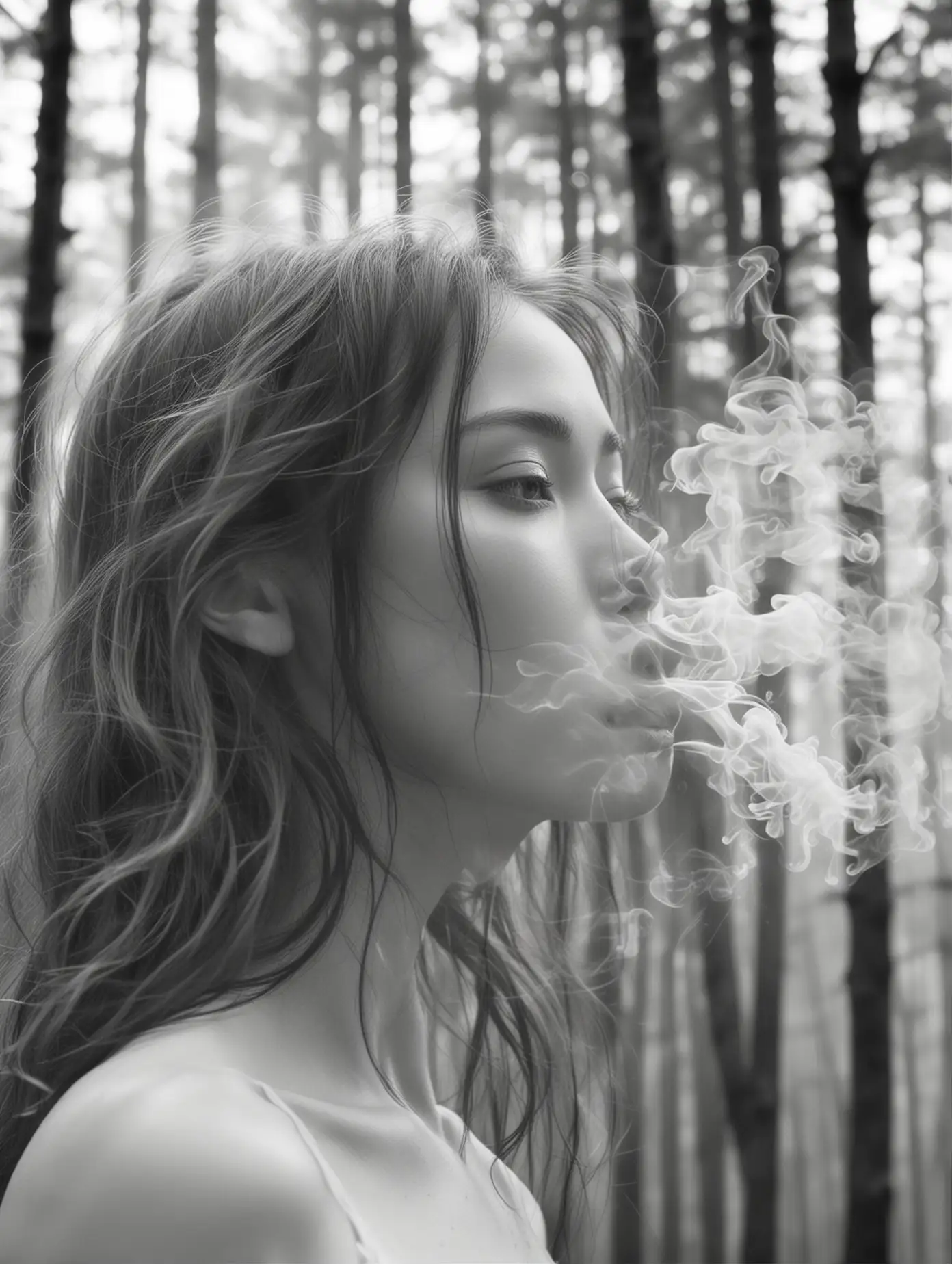 Double-Exposure-Portrait-of-Woman-with-Wavy-Hair-in-Forest-Setting