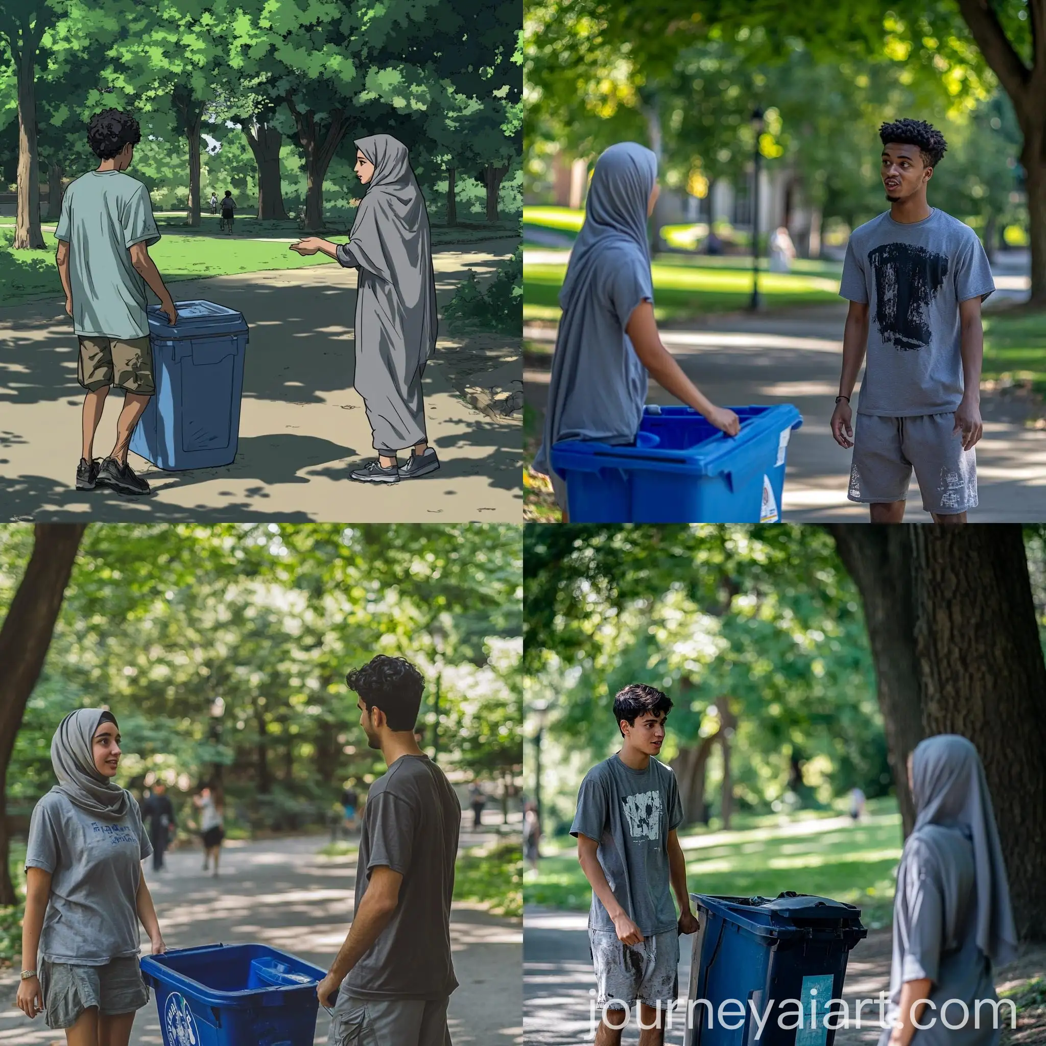 Park-Scene-Young-Man-and-Sanitation-Worker-Woman-in-Conversation