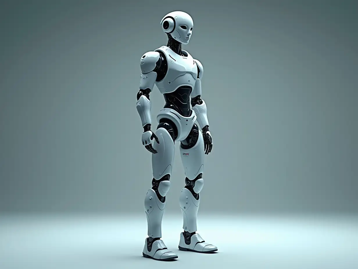 Create a high-resolution, realistic image of an artificial intelligence humanoid robot with Fractals pattern, two meters tall and one robot with arms and legs, on a photo studio floor with 4-k resolution