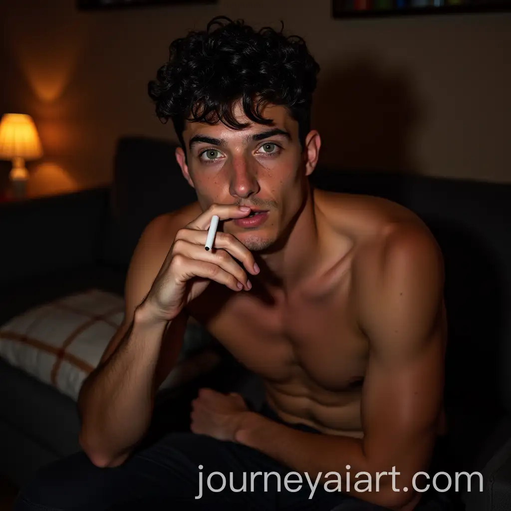 Young-Man-with-Mullet-Haircut-Sitting-on-Couch-at-Party-Holding-Cigarette