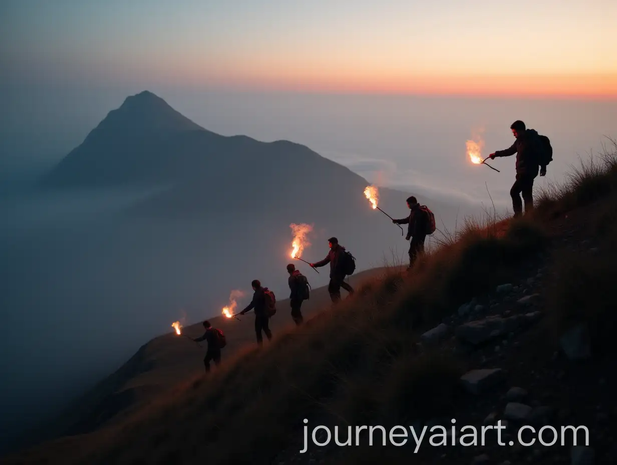 Group-of-People-Descending-Mountain-Slope-with-Torches-at-Dawn-on-a-Foggy-Day