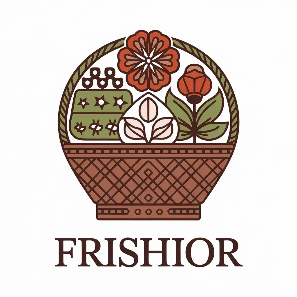 a vector logo design,with the text "FRISHIOR", main symbol:GENA S DALGA KOSA MLADA ROSHAVA AND NOGIZA IN A BASKET,complex,clear background