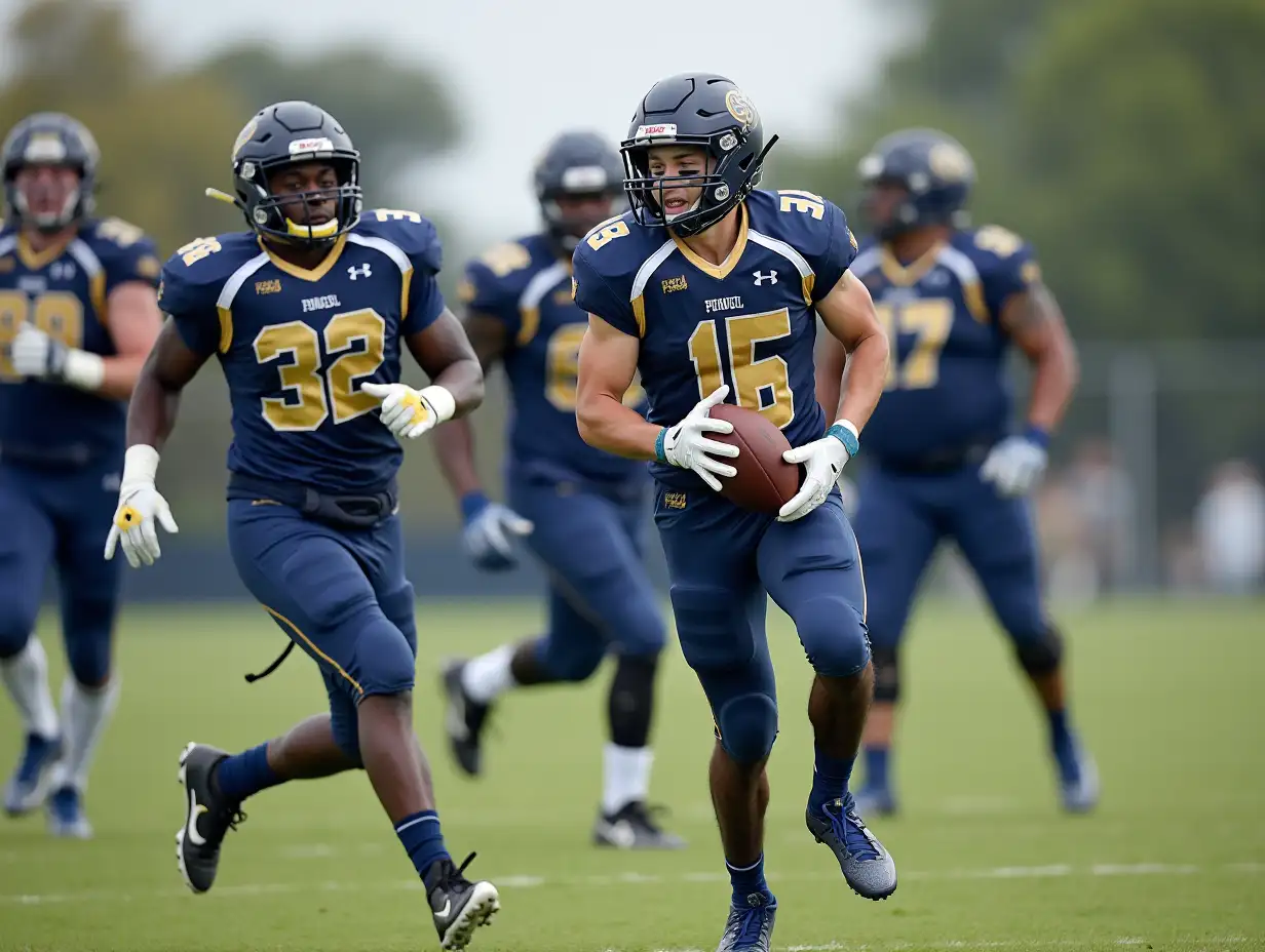 Diverse High School Football Team in Blue and Gold Uniforms