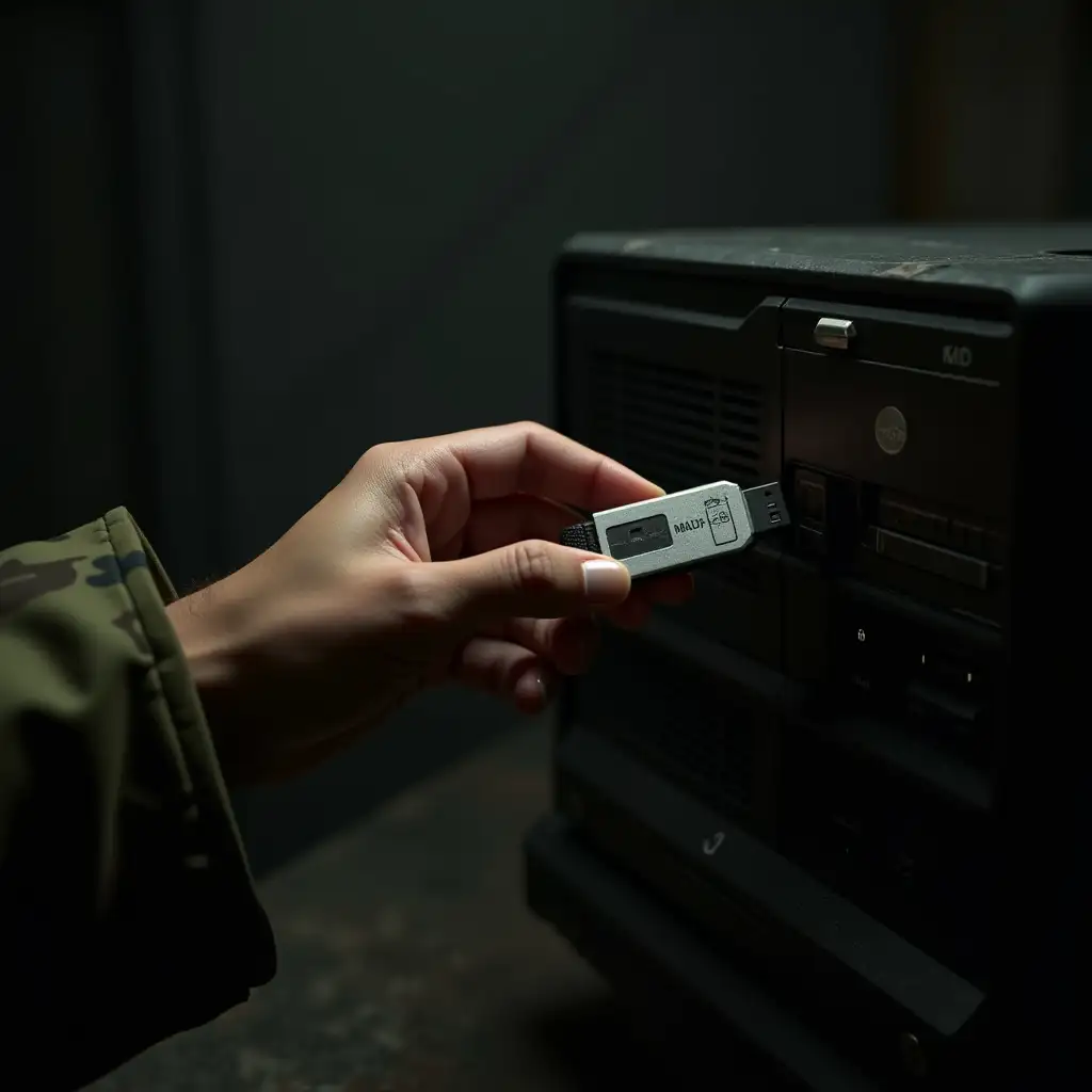 stalker's hand from the STALKER game universe pulls out a flash drive from a computer. The sleeve in one-tone olive camouflage, flash drive inserted into the computer