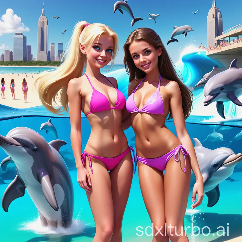 Blonde-and-Brunette-Friends-in-Colorful-Bikinis-on-a-Beach-with-Dolphins