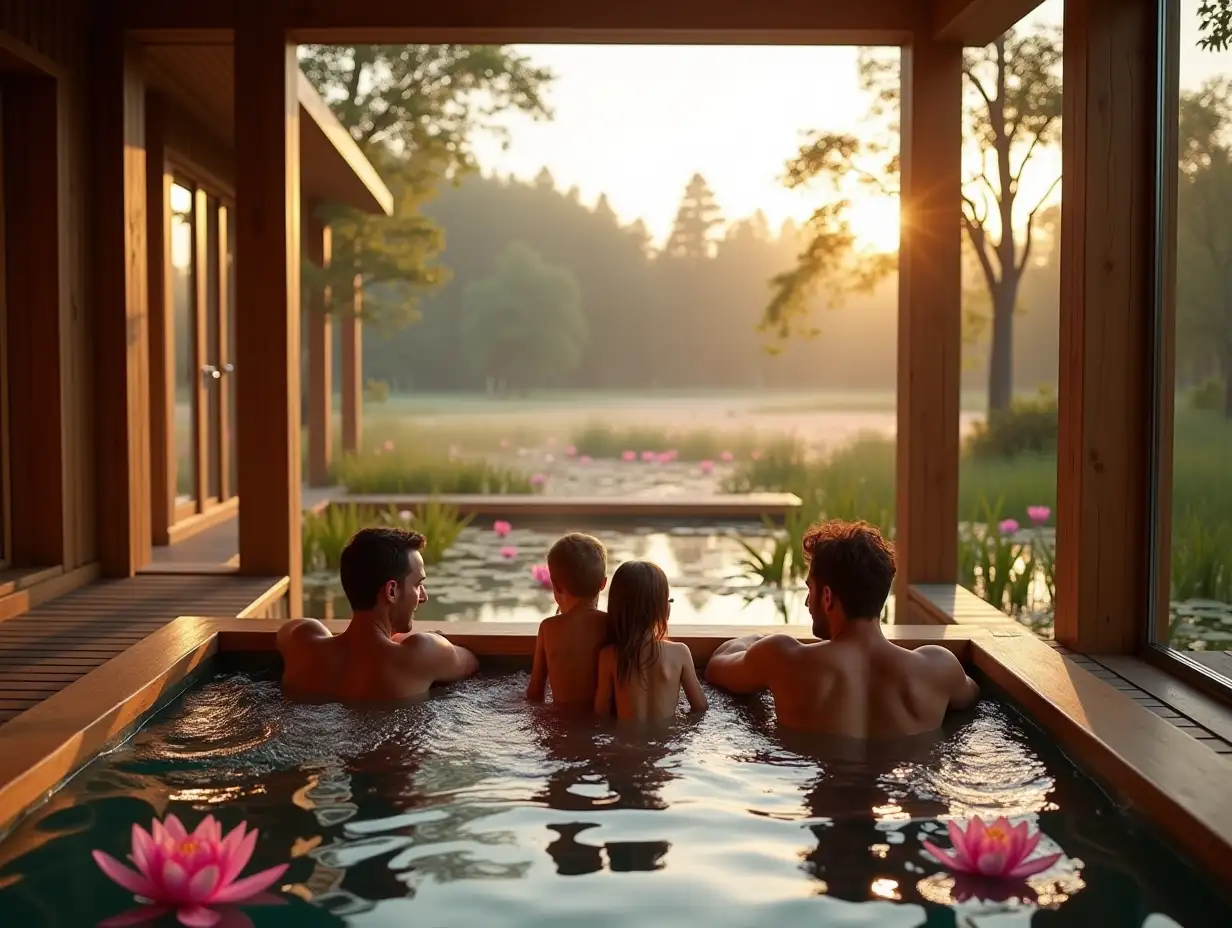 a cheerful family of a man and a woman and their small child are lying and sitting in a steam room on wooden platforms, behind them is a large single panoramic window, and outside the window is a huge eco-pond with a large number of pink lily pads and the pond has natural gentle grassy banks, similar to wild ponds, on the other shore there are only 3 small one-story chalet houses located away from the shore of the pond, these houses have the appearance of a one-story chalet with a gable tiled roof, each roof slope is smooth without bending, these chalet houses are built from a system of wooden beams, consisting only of vertical wooden beams, and only in the half-timbered style, and between the glass beams, the glass walls are panoramic windows in all walls from floor to roof, that is, each wall is a panoramic window, at sunset and in the reflections of sunset light, the foreground view is in focus, and the background is blurred, realistic