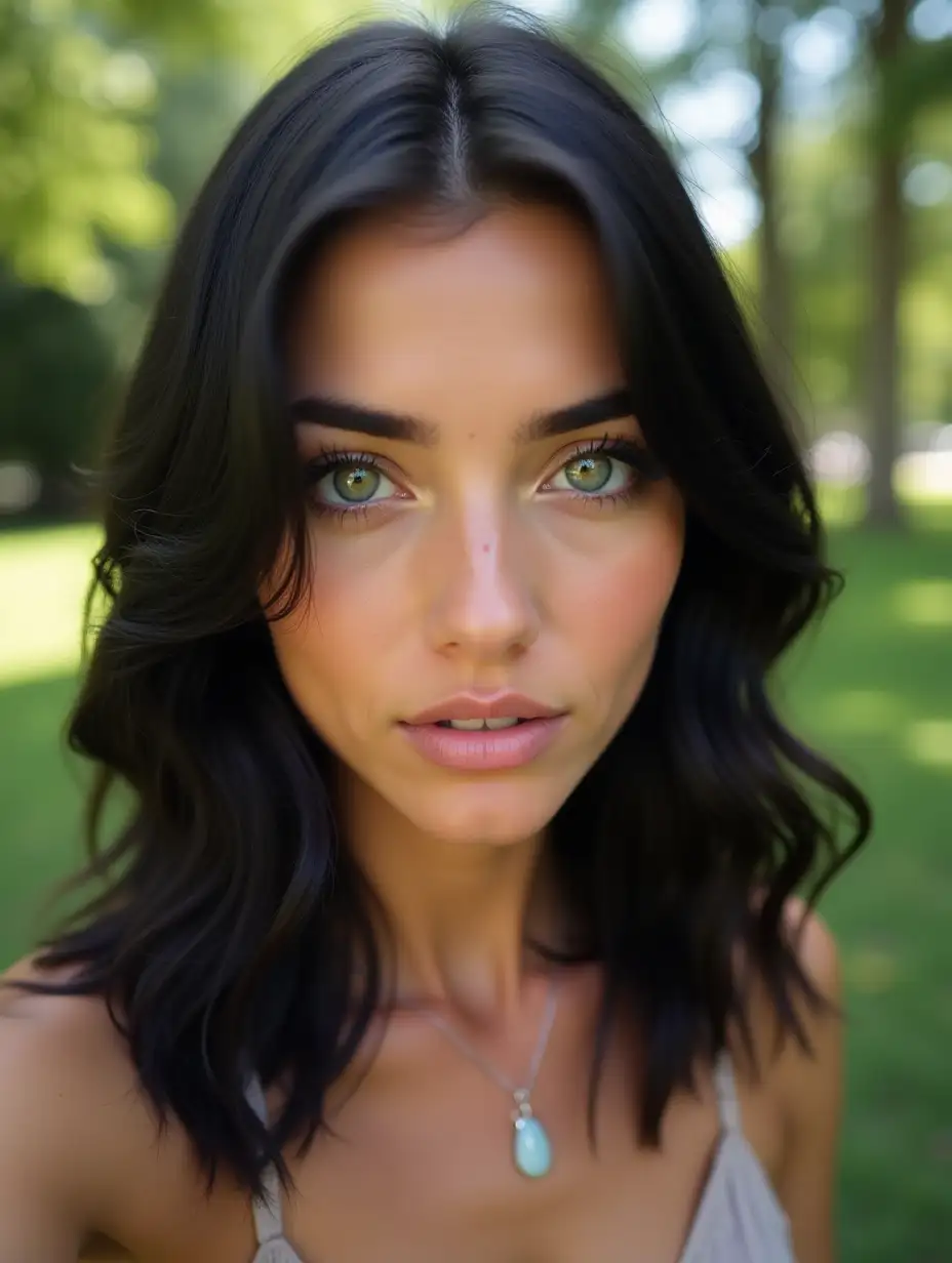 A beautiful woman with shoulder-length black hair and bottle green eyes. She has a few freckles. The woman is taking a selfie in a park.