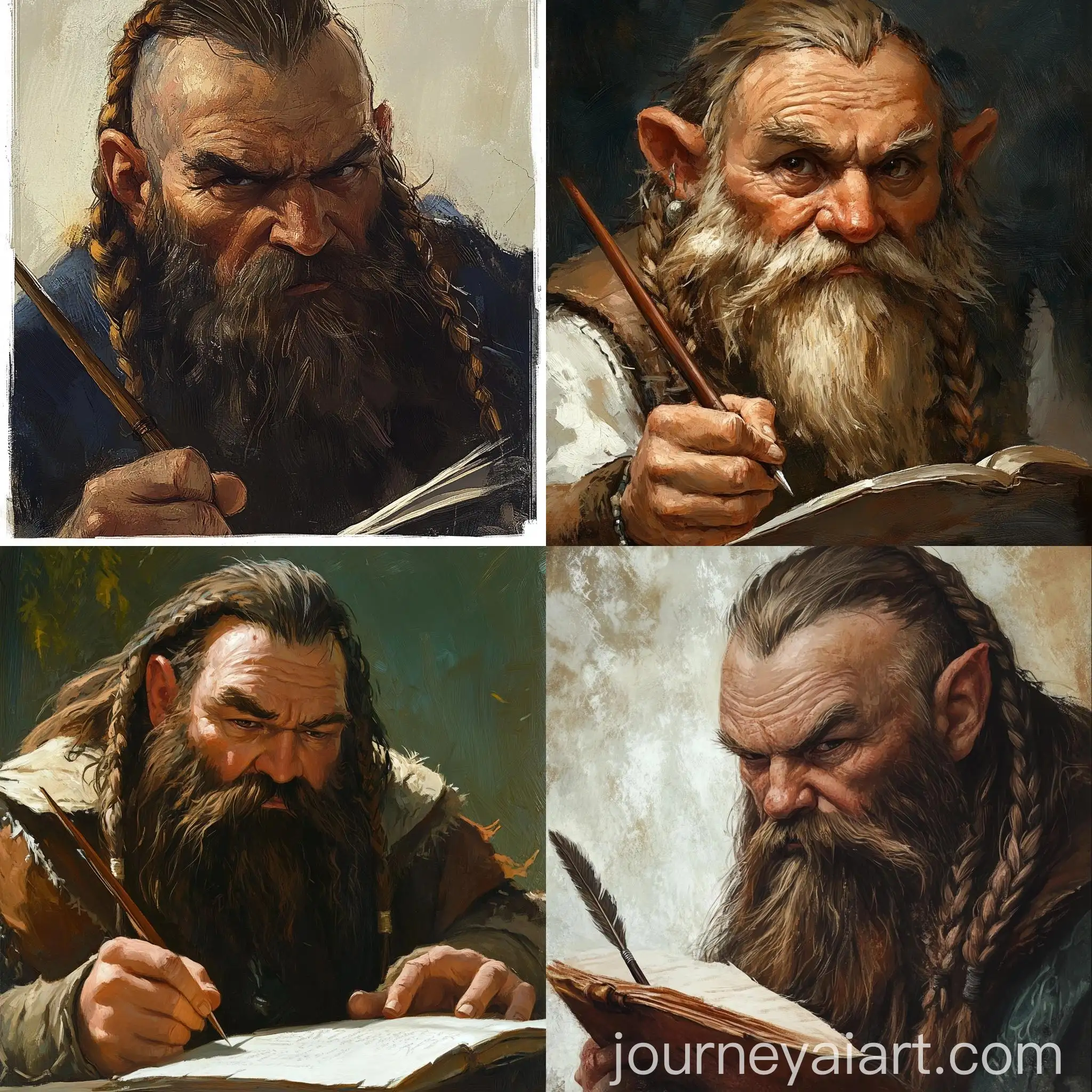 Elderly-Dwarf-Writing-with-Quill-Pen-in-Rustic-Setting
