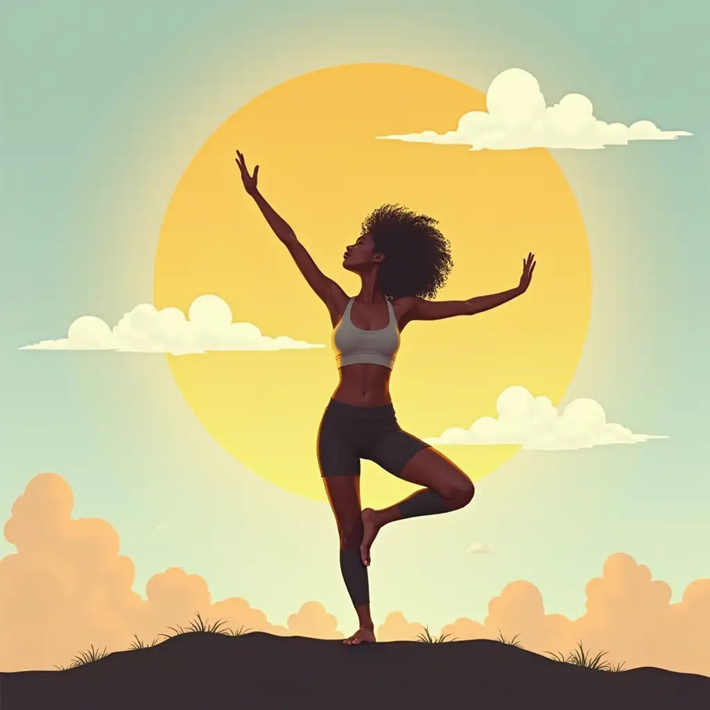 Black Woman Practicing Yoga Outdoors with Sun and Clouds