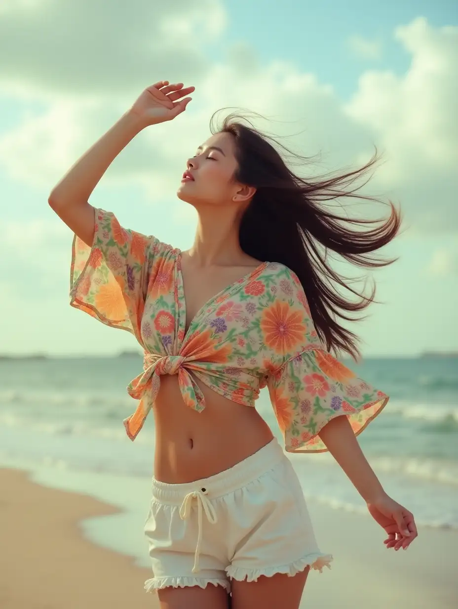 Indonesian-Woman-in-Colorful-Floral-Top-and-White-Shorts-on-Serene-Day