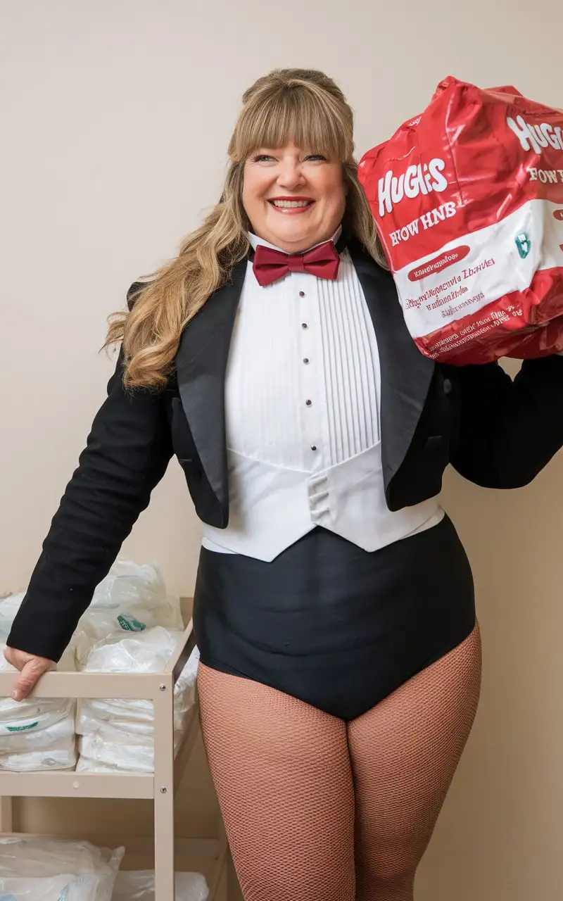 Smiling-MiddleAged-Woman-in-Formal-Tuxedo-Holding-Huggies-in-Nursery