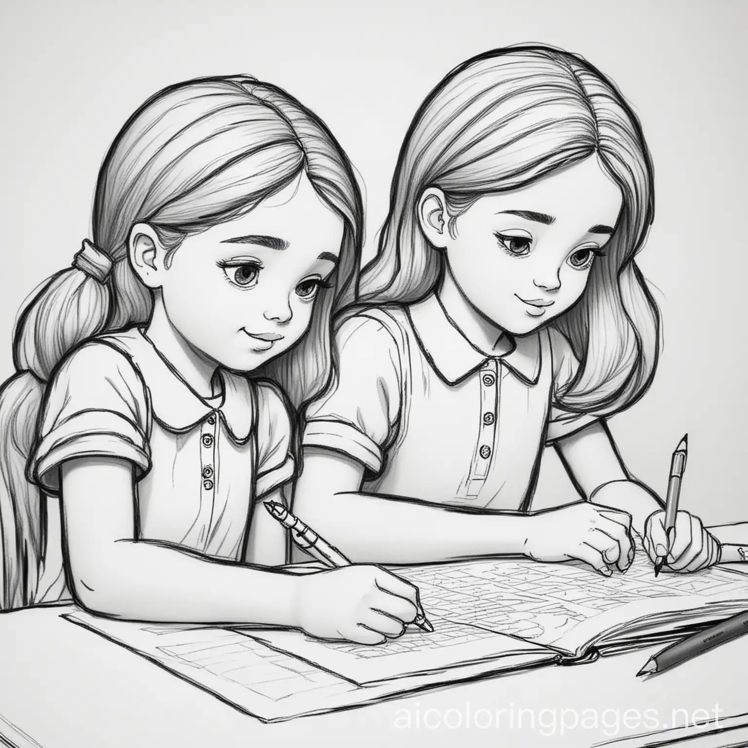 Two-Girls-Coloring-Page-Simple-Line-Art-on-White-Background