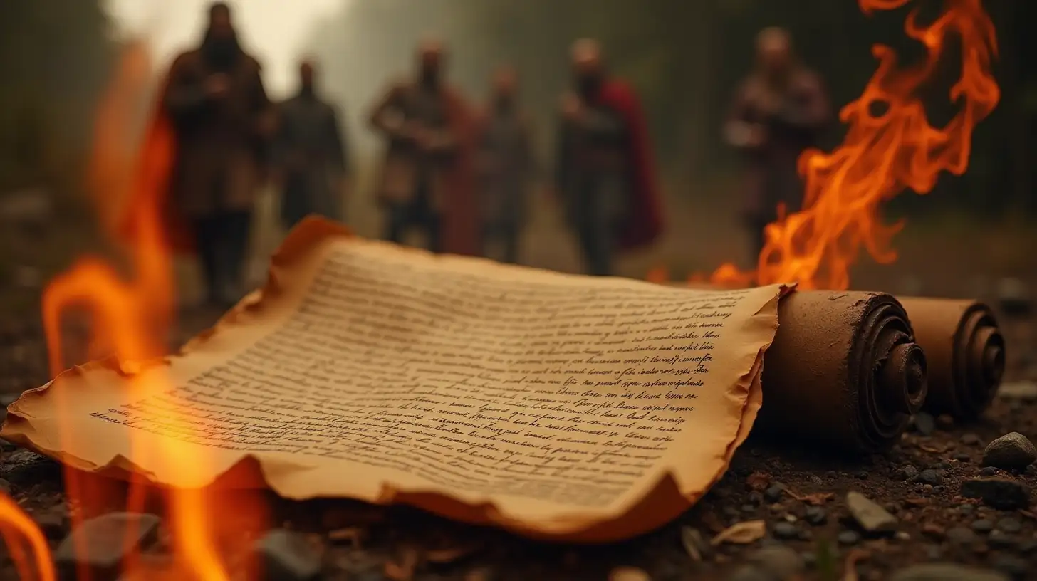 Medieval Men Burning Handwritten Manuscript Scroll