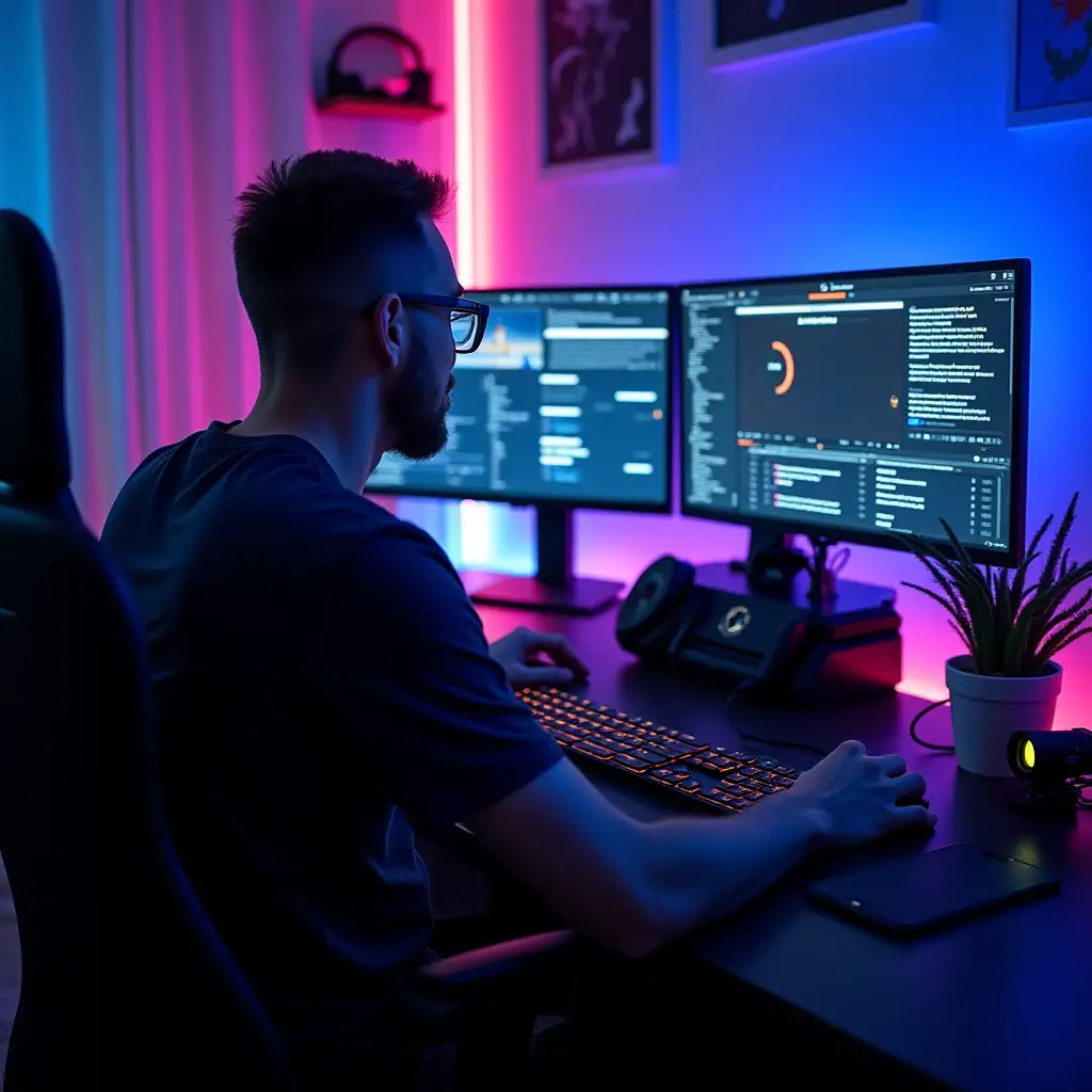 A slim man, clean-shaven, wearing rectangular glasses, working intently on a dual-screen setup in a modern video editing workspace. The screens display detailed information from https://pokertrainer.se, and the desk is equipped with a keyboard, mouse, and headphones. The environment is lit with vibrant RGB lighting in hues of blue, purple, and pink, creating a cinematic and immersive atmosphere. The man sits on an ergonomic chair, surrounded by a clean yet creative setup, with subtle decor like LED strips, a small plant, and a camera on the desk. The front-facing view highlights his focus and the dynamic lighting in the room.