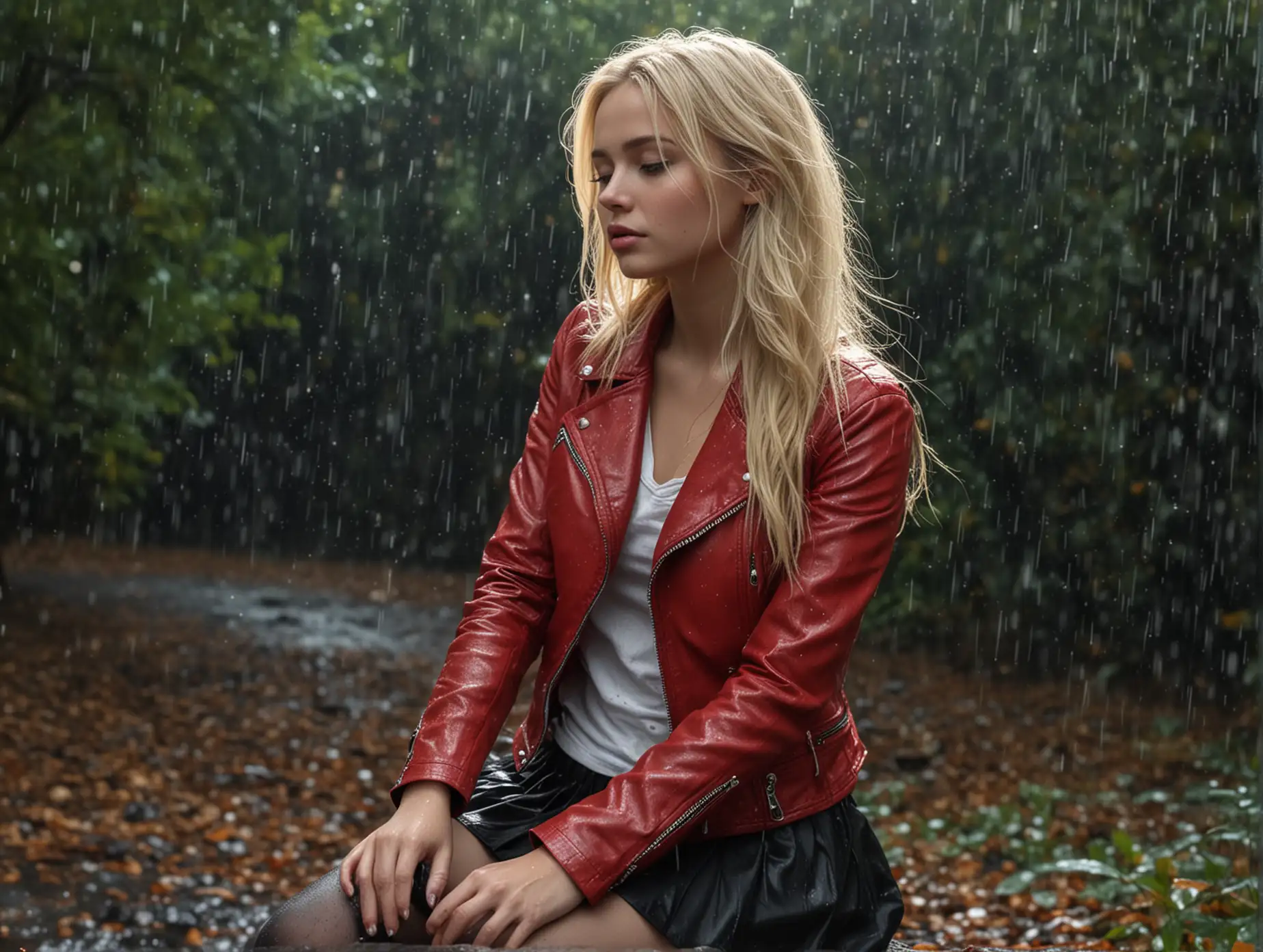 Blonde-Woman-in-Red-Leather-Jacket-Sitting-in-Forest-with-Golden-Sparkling-Rain